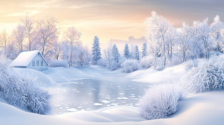 Winter landscape with a small house and a pond covered with hoarfrostの素材