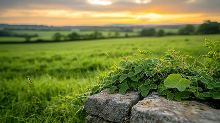Landscape with green grass and a stone wall in the foreground at sunsetの素材