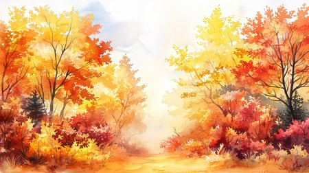 Autumn landscape background. Watercolor hand drawn illustration. Vector.の素材