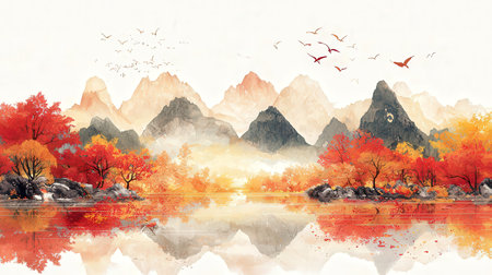 Watercolor painting of autumn landscape with lake, mountains and birds.の素材