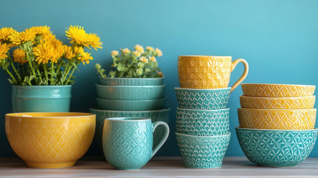 Colorful ceramic mugs and bowls on wooden shelf against blue wallの素材