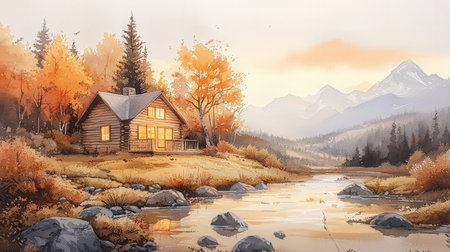 Autumn landscape with a wooden house in the mountains. Digital painting.の素材