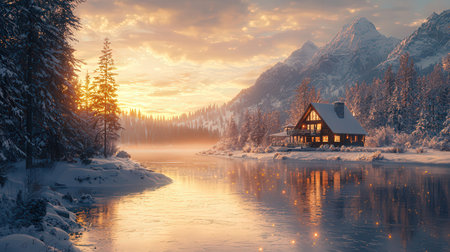 Sunrise on the lake in the mountains. Winter landscape with a wooden house.の素材