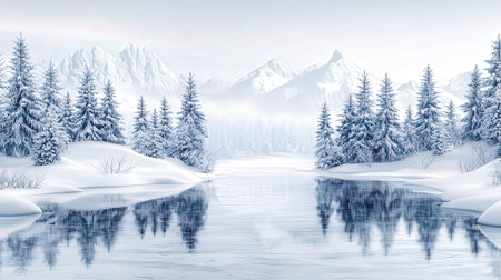 Fantastic winter landscape with snowy fir trees and lake in the mountainsの素材