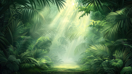 Beautiful green tropical forest with sunlight. 3d render illustration.の素材