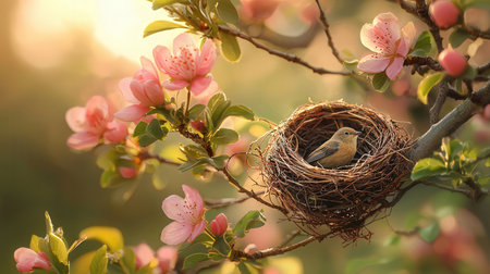 Bird nest on the branch of blooming sakura with pink flowersの素材