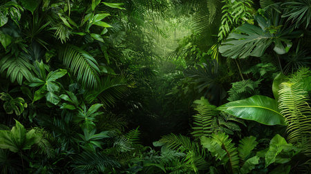 Tropical jungle background with green leaves and space for text.の素材