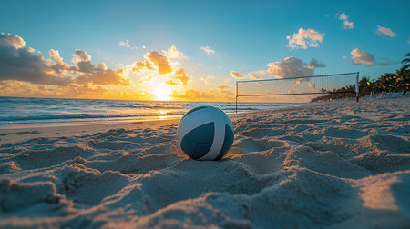 Volleyball ball on the beach at sunset time. Vacation conceptの素材