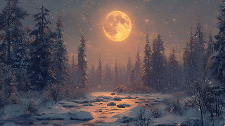 Fantasy winter landscape with full moon and snowy forest. 3d illustrationの素材