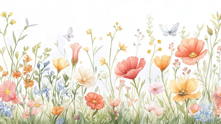Vintage floral background with flowers and butterflies. Watercolor illustration.の素材