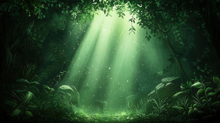 Fantasy green forest with light beam in the middle. Vector illustration.の素材