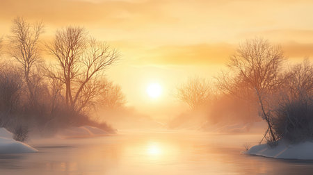 Winter landscape with frozen river and trees at sunset. 3d renderの素材