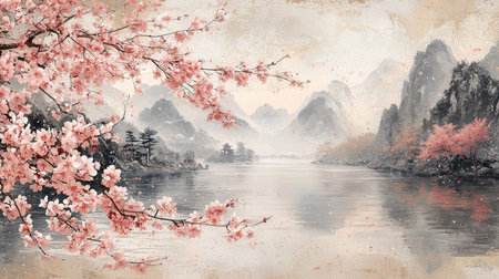 Cherry blossom spring landscape with mountains and lake. Digital paintingの素材