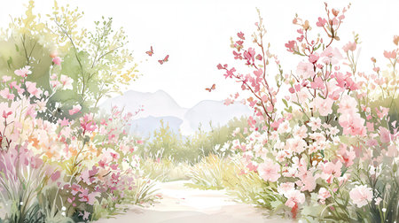 Watercolor spring background with blooming flowers and butterflies. Hand drawn illustrationの素材