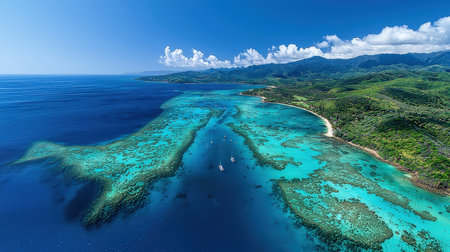Aerial view of tropical island with coral reef and turquoise seaの素材