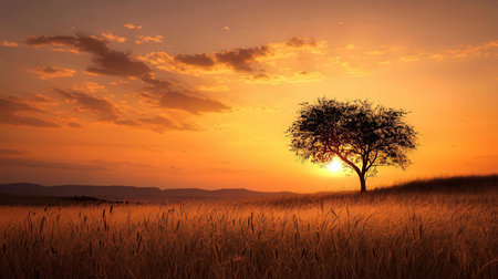 Sunset over a field of wheat with a lone tree in the foregroundの素材
