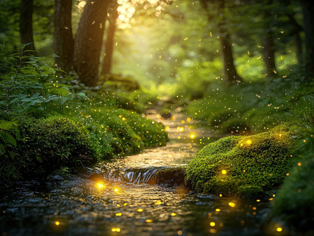 Small stream in the forest at sunset. Shallow depth of fieldの素材