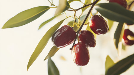 Olive branch with ripe red fruits on white background. Toned.の素材