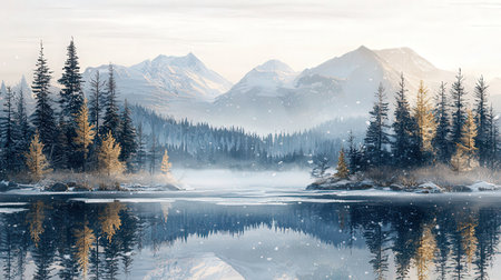 Foggy winter landscape with frozen lake and mountains in the backgroundの素材
