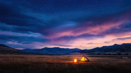 Camping in the mountains under the night sky with stars and cloudsの素材