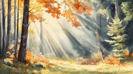 Autumn forest landscape with fog and sun rays. Digital painting.の素材
