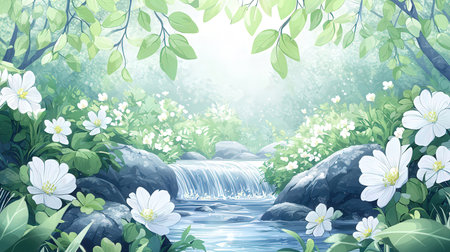 Beautiful forest landscape with white flowers and waterfall. Vector illustration.の素材
