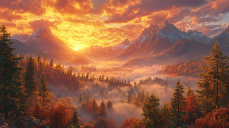 Foggy morning in the mountains. Colorful autumn landscape.の素材