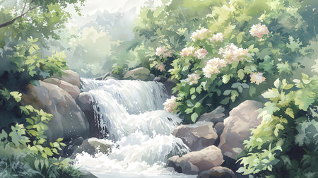 Waterfall in the forest. Spring landscape. Digital watercolor painting.の素材