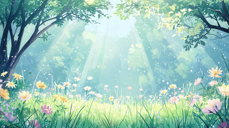 Spring nature background with grass and flowers. EPS10 vector file includedの素材