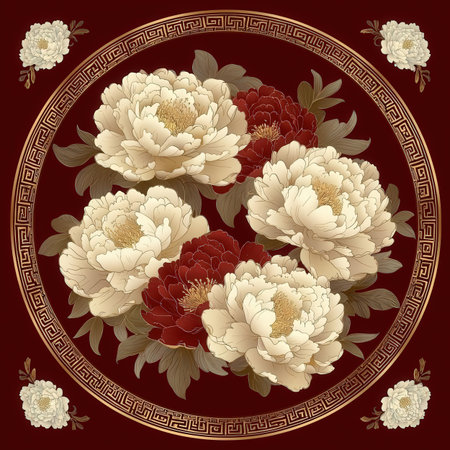 Seamless pattern with white peony flowers and gold ornament on red backgroundの素材