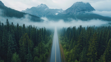 Aerial view of the road through the forest in Banff National Park, Canadaの素材
