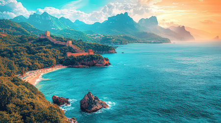 Beautiful panoramic view of Santa Margherita di Sorrento at sunset, Italy.の素材