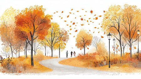 Autumn landscape with trees and road, vector illustration. Fall season.の素材