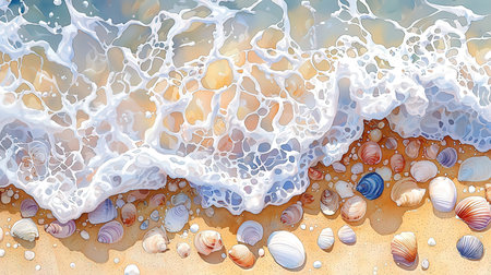 Seashells on the sandy beach with sea waves. Vector illustrationの素材