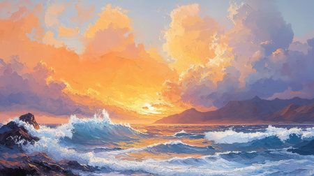 Beautiful sunset over the sea. 3d rendering. Computer digital drawing.の素材