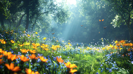 Beautiful spring landscape with blooming meadow and bright sunbeamsの素材