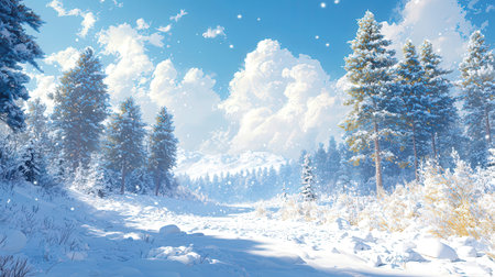Winter landscape with snowy fir trees and blue sky. 3d renderingの素材