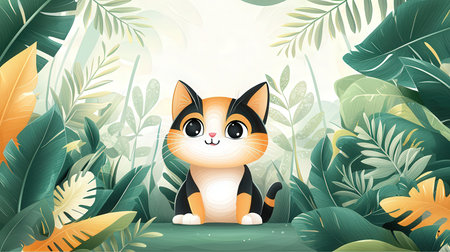 Cute cartoon cat sitting in the jungle. Vector illustration, EPS10の素材