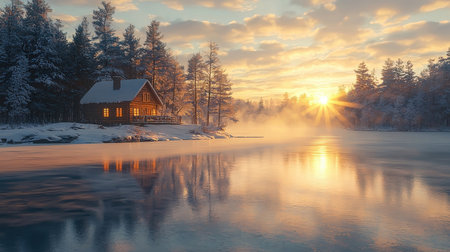 Beautiful winter landscape with frozen lake and wooden house at sunset.の素材
