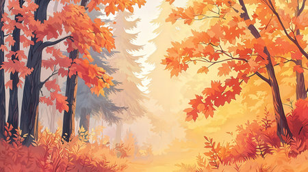 Autumn forest background with fog and trees. Vector illustration. EPS 10の素材