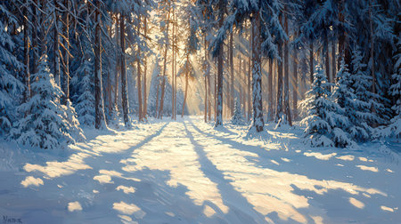 Beautiful winter landscape with snow covered trees and sunbeams.の素材