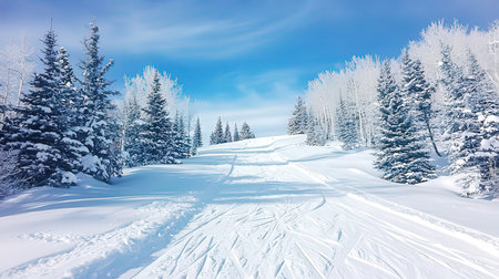 Winter landscape with ski tracks in the snow covered coniferous forestの素材