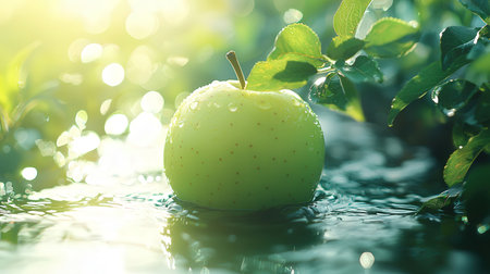Fresh green apple with water drops and green leaves on blurred background.の素材