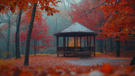 Wooden gazebo in the autumn forest with red leavesの素材