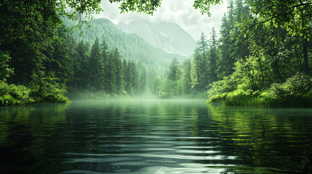 Foggy morning on the lake. Landscape with mountains and forestの素材