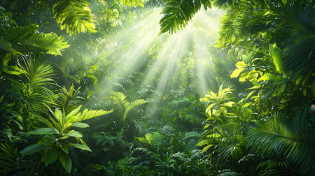 Sunlight in the green tropical jungle. Natural background and wallpaper.の素材