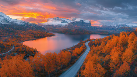Aerial view of autumn alpine lake and mountains at sunset.の素材