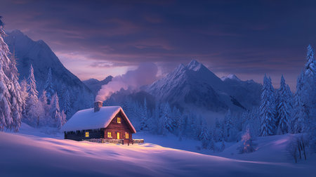 Winter landscape with a wooden house in the mountains. 3d renderの素材