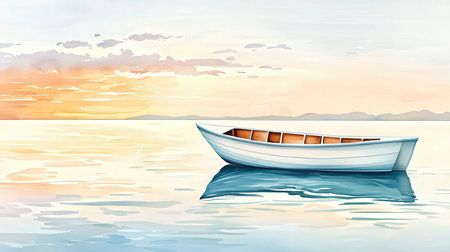 Boat on the sea at sunset. Vector illustration in watercolor style.の素材