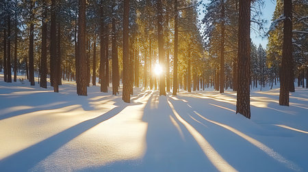 Sunset or sunrise in the winter pine forest with snow covered trees.の素材